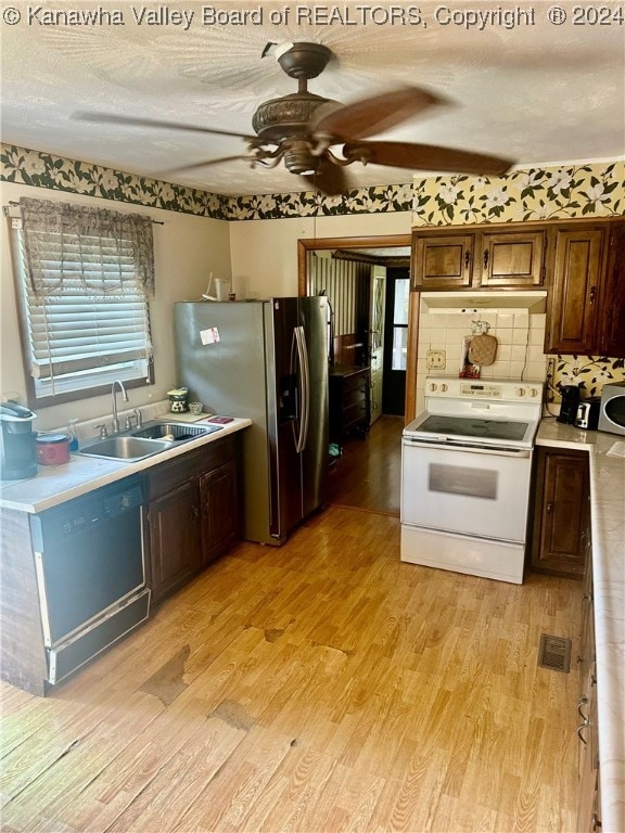 kitchen with backsplash, appliances with stainless steel finishes, sink, ceiling fan, and light wood-type flooring