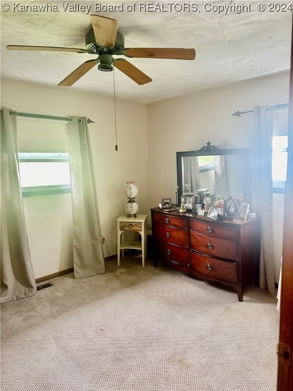 bedroom with multiple windows, ceiling fan, and carpet