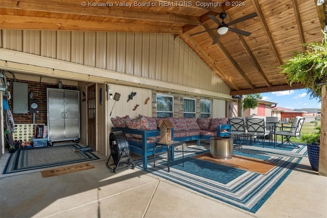 view of patio featuring an outdoor hangout area and ceiling fan