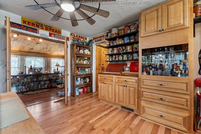 interior space with light wood-type flooring, a textured ceiling, and ceiling fan