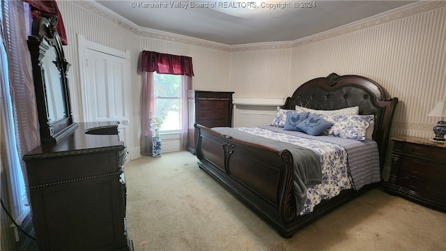 carpeted bedroom with crown molding