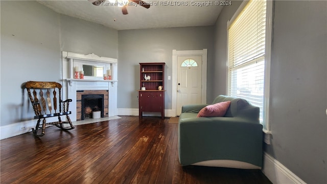 living room featuring ceiling fan and dark hardwood / wood-style flooring