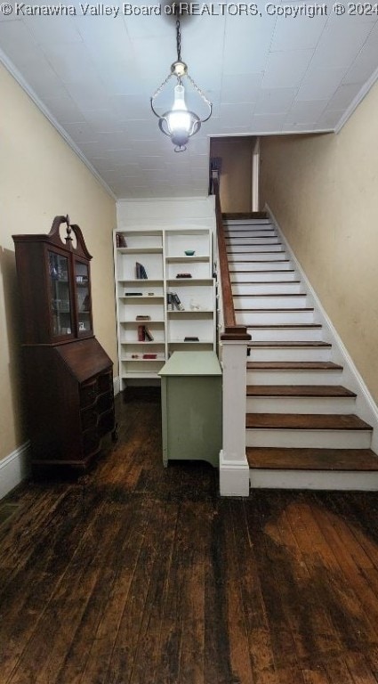 stairs with ornamental molding and hardwood / wood-style floors