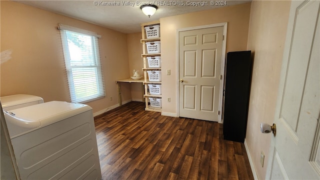 laundry area featuring separate washer and dryer, a wealth of natural light, and dark hardwood / wood-style floors