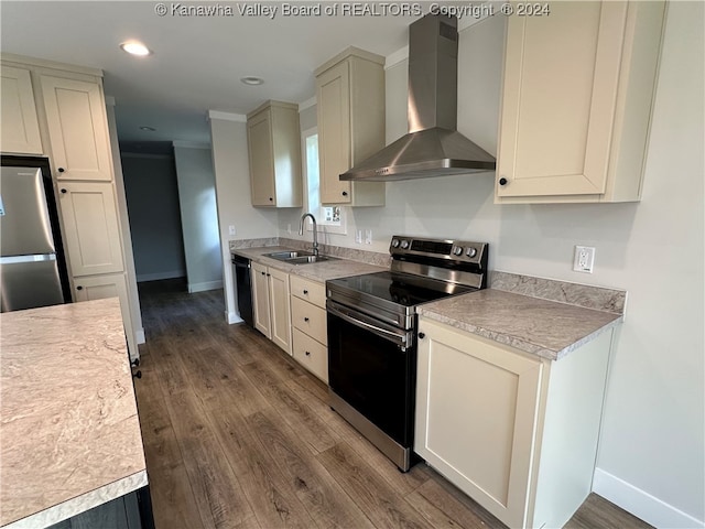 kitchen featuring stainless steel appliances, sink, dark hardwood / wood-style floors, and wall chimney range hood