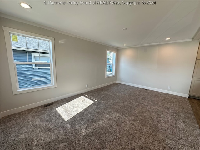 carpeted spare room with a wealth of natural light and ornamental molding