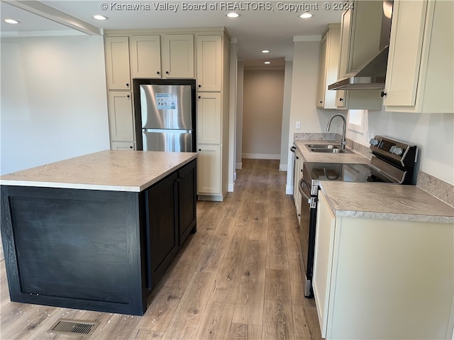 kitchen with light hardwood / wood-style flooring, sink, ventilation hood, and appliances with stainless steel finishes