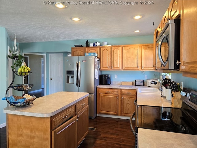 kitchen with a textured ceiling, stainless steel appliances, dark hardwood / wood-style floors, and sink