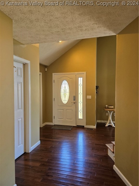 entryway featuring lofted ceiling, dark hardwood / wood-style flooring, and a textured ceiling