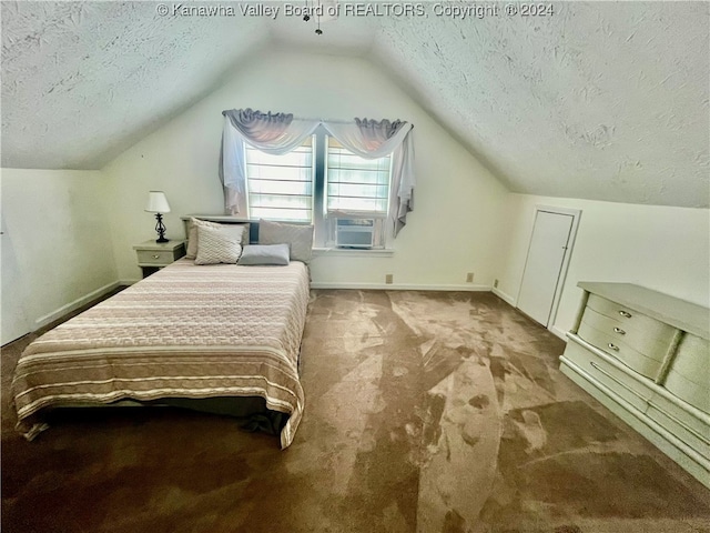 bedroom with lofted ceiling, light carpet, and a textured ceiling