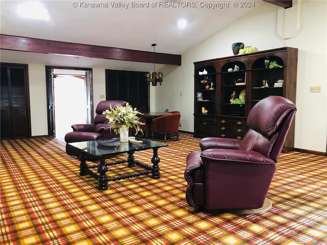 living room with lofted ceiling with beams and light colored carpet