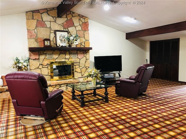 carpeted living room featuring lofted ceiling with beams and a fireplace