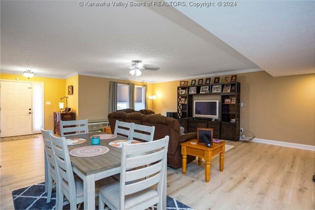 dining space featuring a textured ceiling, light hardwood / wood-style floors, ceiling fan, and crown molding