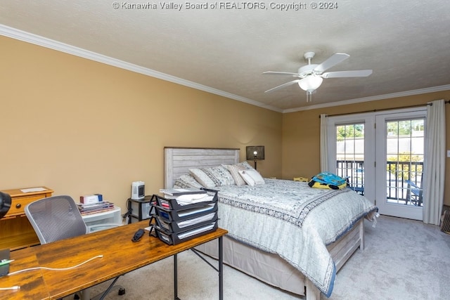 bedroom with ceiling fan, ornamental molding, a textured ceiling, light carpet, and access to exterior