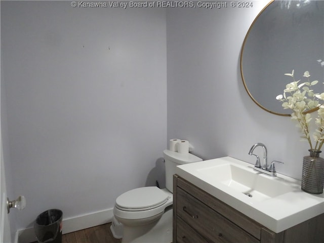 bathroom with vanity, toilet, and hardwood / wood-style flooring