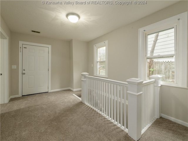 interior space featuring light carpet and a textured ceiling