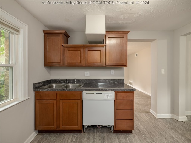 kitchen featuring a textured ceiling, light hardwood / wood-style floors, dishwasher, and sink