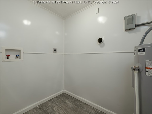 washroom with ornamental molding, hookup for an electric dryer, hookup for a washing machine, water heater, and dark hardwood / wood-style flooring