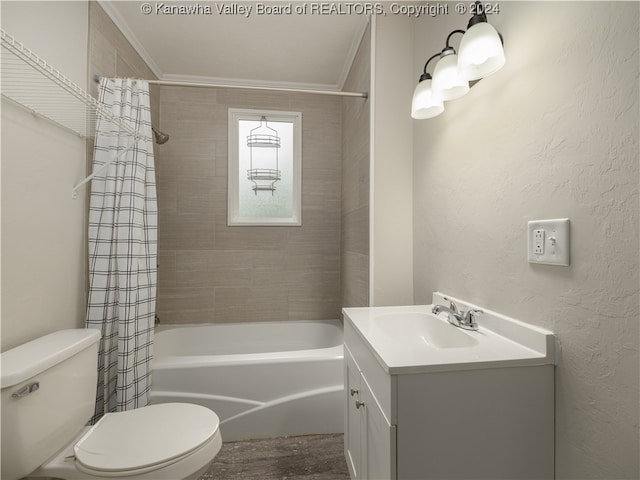 full bathroom with shower / bathtub combination with curtain, crown molding, vanity, and toilet