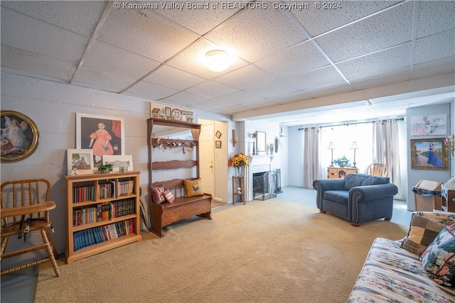 living room with carpet floors and a drop ceiling