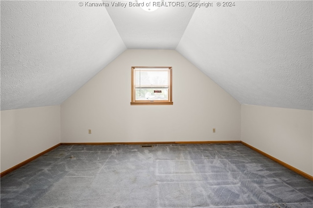 bonus room featuring carpet, vaulted ceiling, and a textured ceiling