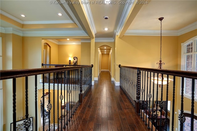 hallway featuring crown molding and dark hardwood / wood-style floors