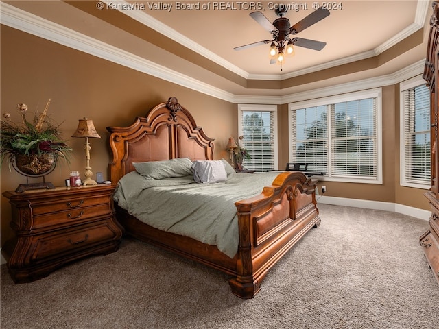 carpeted bedroom with ceiling fan, crown molding, and a raised ceiling