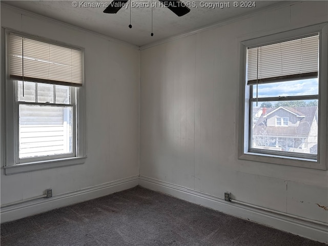 carpeted spare room featuring ceiling fan, a textured ceiling, and crown molding