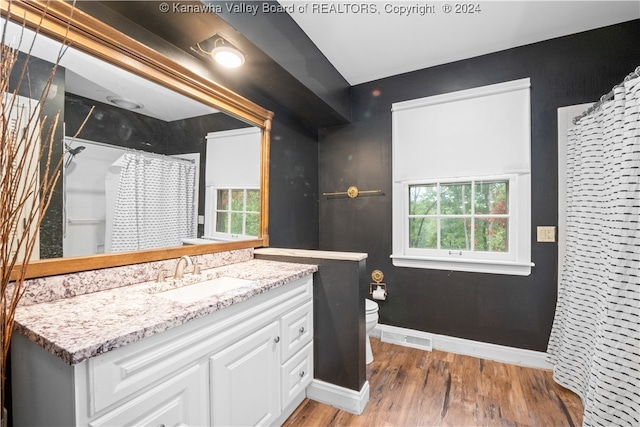 bathroom with hardwood / wood-style flooring, vanity, curtained shower, and toilet