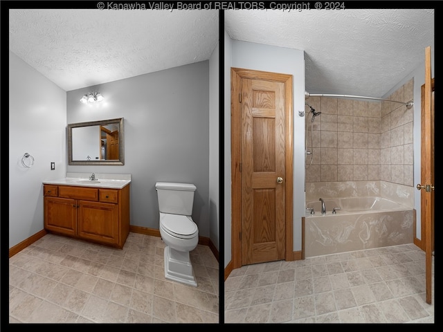 full bathroom with a textured ceiling, tiled shower / bath, vanity, and toilet