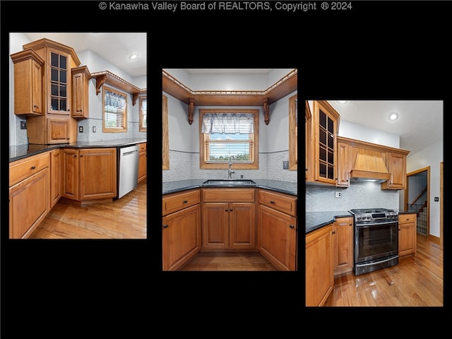 kitchen with light hardwood / wood-style floors, sink, gas stove, and a wealth of natural light