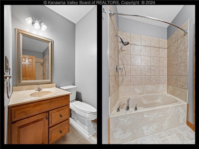 full bathroom with vanity, a textured ceiling, tiled shower / bath combo, toilet, and tile patterned floors