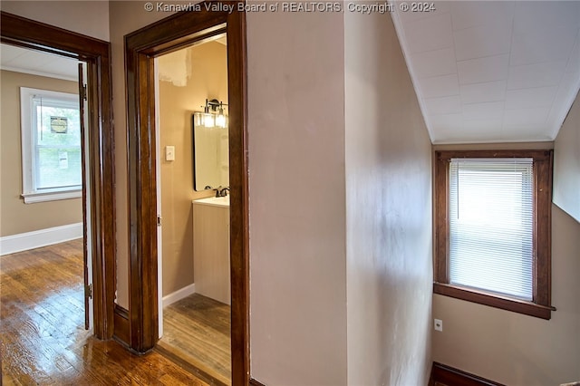 hallway with ornamental molding and hardwood / wood-style flooring