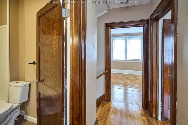 hallway with lofted ceiling and hardwood / wood-style flooring