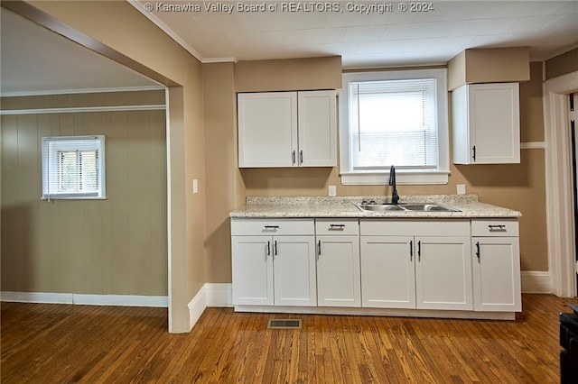 kitchen with white cabinetry, wood-type flooring, a wealth of natural light, ornamental molding, and sink