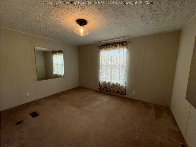 spare room featuring a textured ceiling and carpet