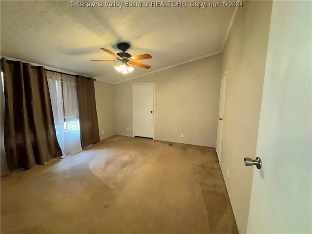 carpeted spare room featuring ornamental molding, ceiling fan, and a textured ceiling