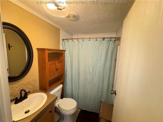 bathroom with a shower with shower curtain, vanity, a textured ceiling, toilet, and decorative backsplash