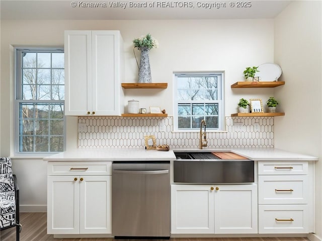 kitchen featuring tasteful backsplash, dishwasher, sink, and white cabinets