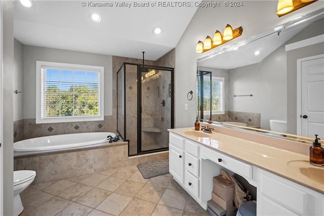bathroom featuring a sink, a shower stall, toilet, double vanity, and a garden tub