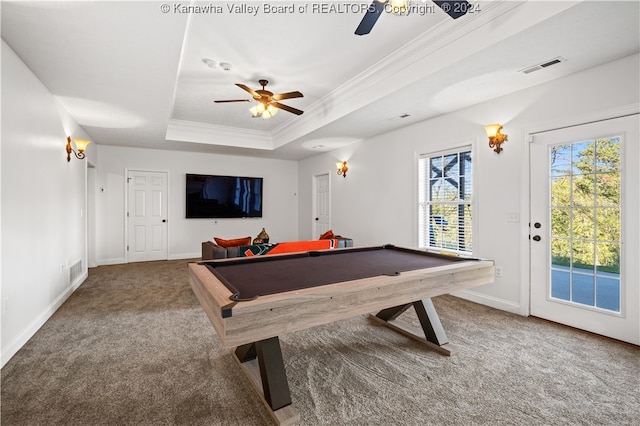 rec room with ceiling fan, a raised ceiling, carpet floors, billiards, and crown molding