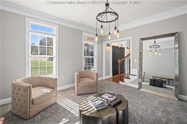 living room with carpet floors, ornamental molding, and an inviting chandelier