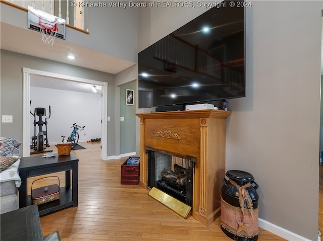 living room with a multi sided fireplace and light hardwood / wood-style floors