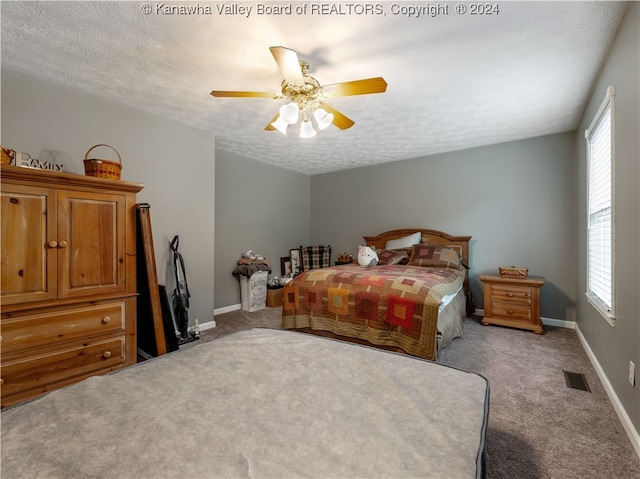 carpeted bedroom with multiple windows, a textured ceiling, and ceiling fan