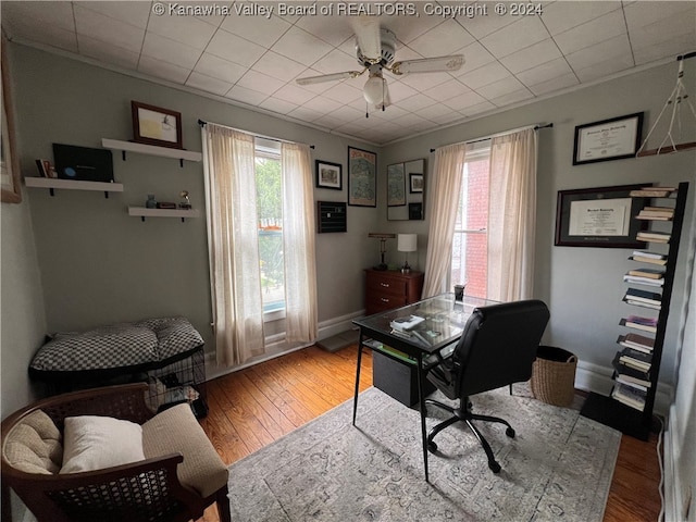 home office featuring ornamental molding, light hardwood / wood-style floors, and ceiling fan