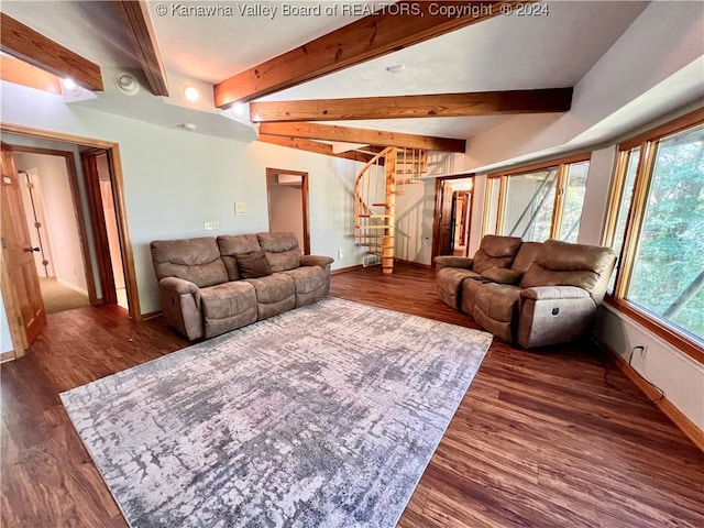 living room with vaulted ceiling with beams, plenty of natural light, and dark wood-type flooring