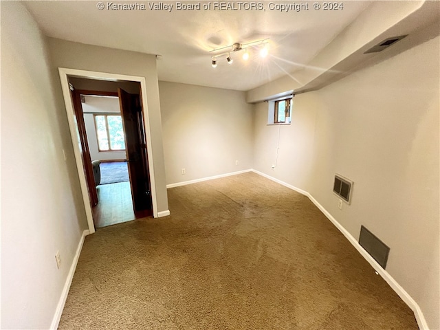 empty room featuring carpet and rail lighting