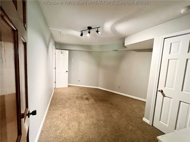 basement featuring carpet floors and rail lighting