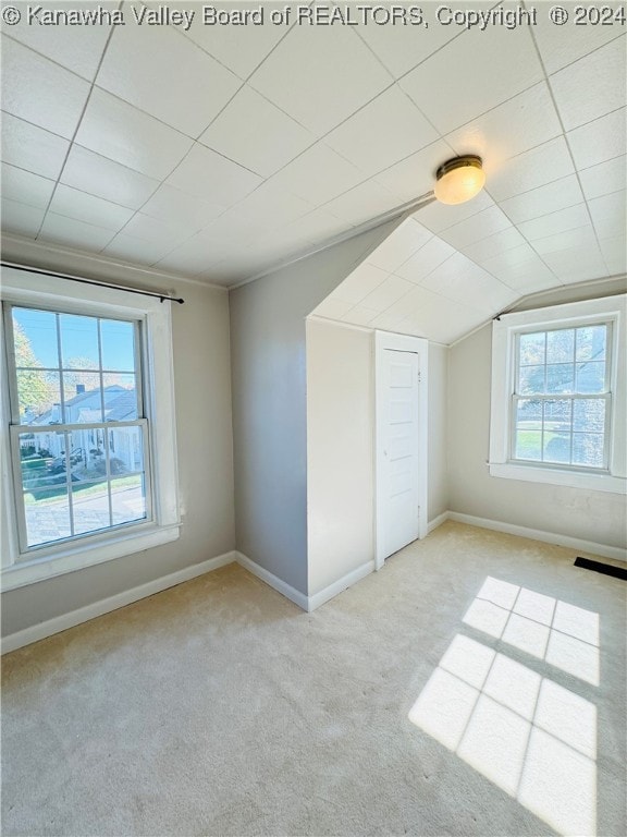 bonus room featuring plenty of natural light and light colored carpet