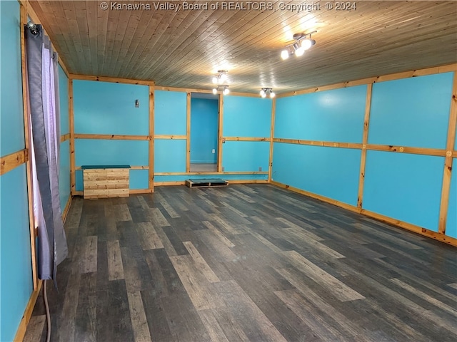 unfurnished room with wood ceiling and dark wood-type flooring